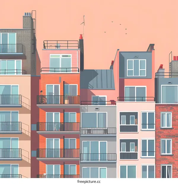 Apartment Building with Balconies and Rooftops