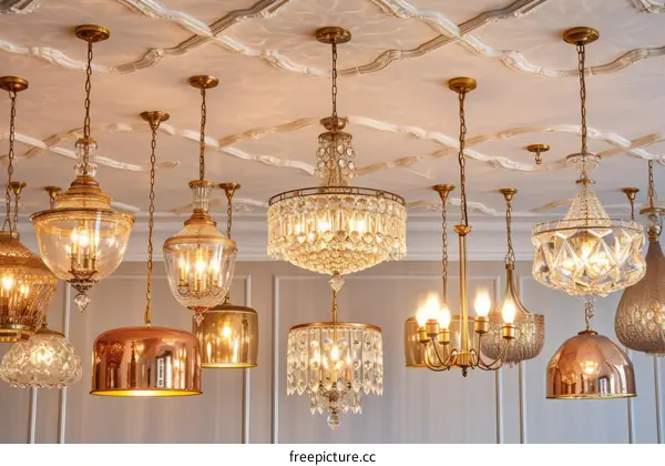 Luxury gold and crystal chandeliers hanging from a white ceiling