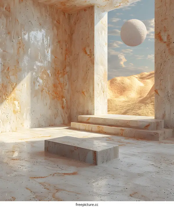 Surreal geometric shapes in a concrete room