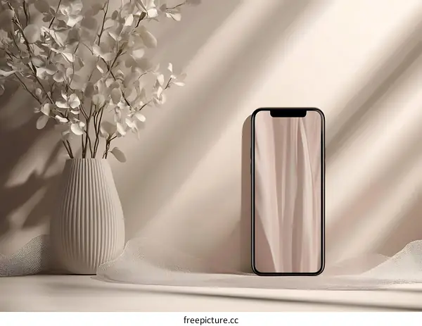 Minimalist Phone Mockup with White Flowers and Fabric