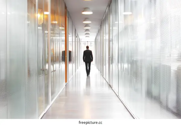 Modern Office Corridor with Person Walking