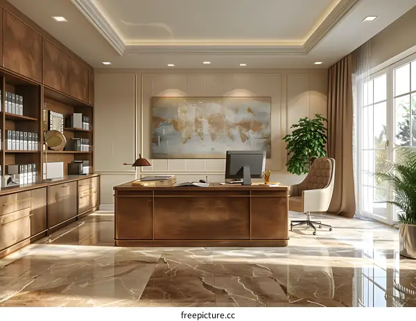 Luxury office interior with wooden desk, leather chair, computer and painting on the wall