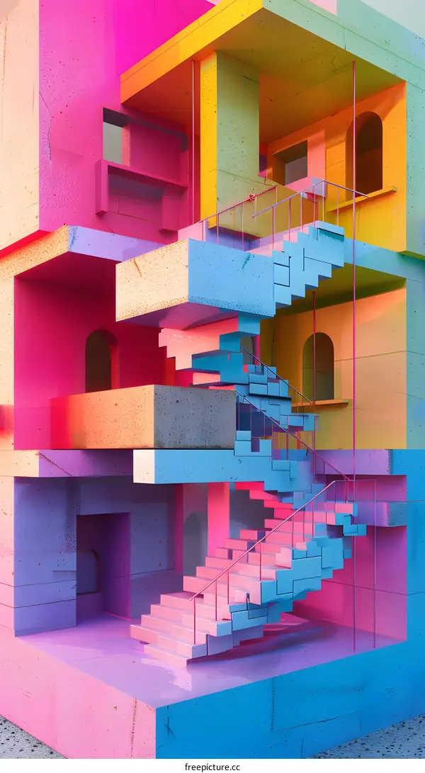 Abstract Building With Pink and Blue Stairs