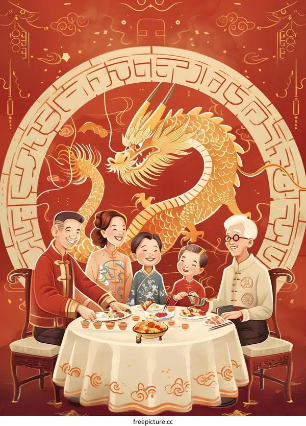 Chinese New Year Family Reunion Dinner Illustration