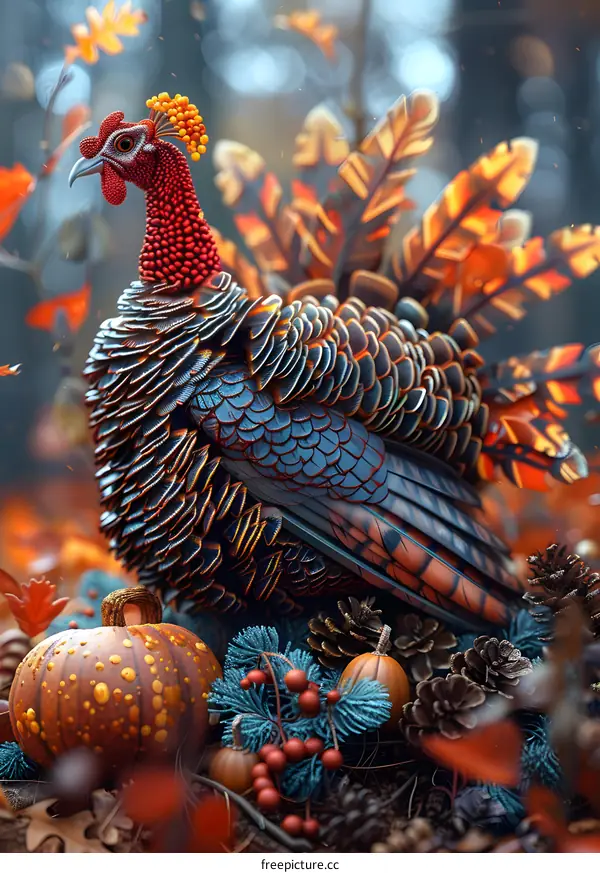 A turkey standing next to a pile of pumpkins and pine cones
