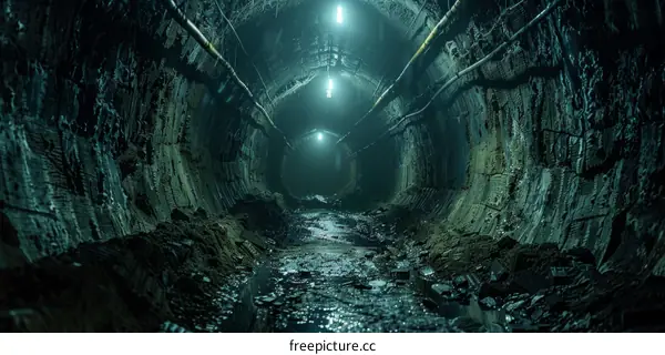 Dark and Grunge Concrete Sewer Tunnel With Water Reflections