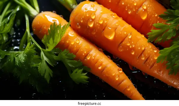 Fresh organic carrots with water drops close up