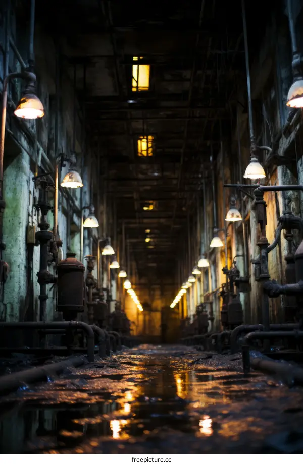 Grungy factory interior with pipes and lights