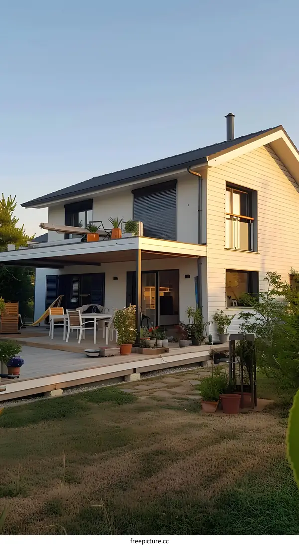 Modern House with Wooden Deck and Green Grass