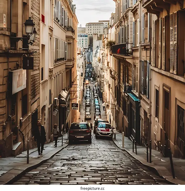 Narrow Cobblestone Street in Paris with Cars and People