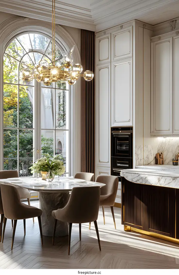 Modern Kitchen Dining Room Interior Design with Marble Table and Gold Chandelier