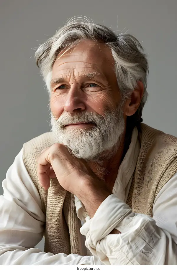 Portrait of a Smiling Senior Man with Grey Hair and a Beard
