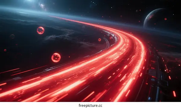Red Light Trails Over Cosmic Landscape with Orbiting Objects