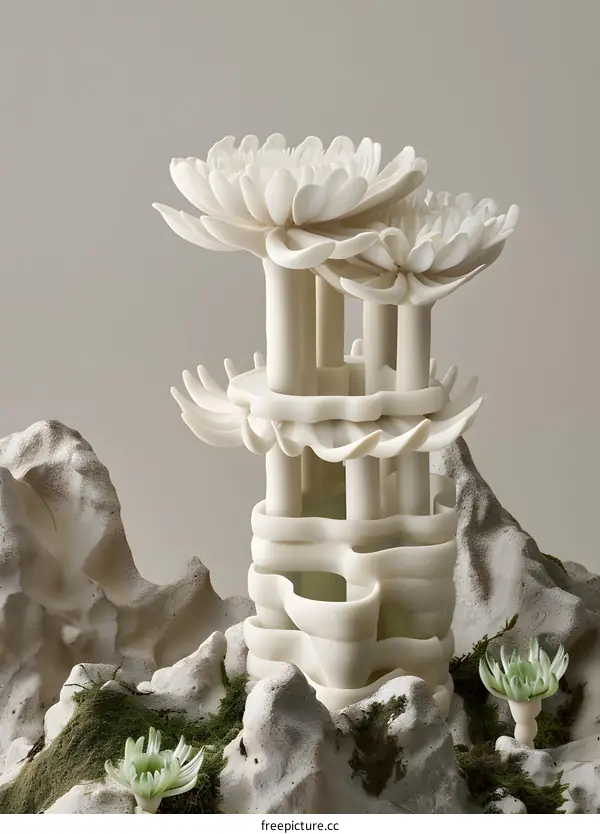 White Ceramic Sculpture of a Pagoda in a Mountainous Landscape