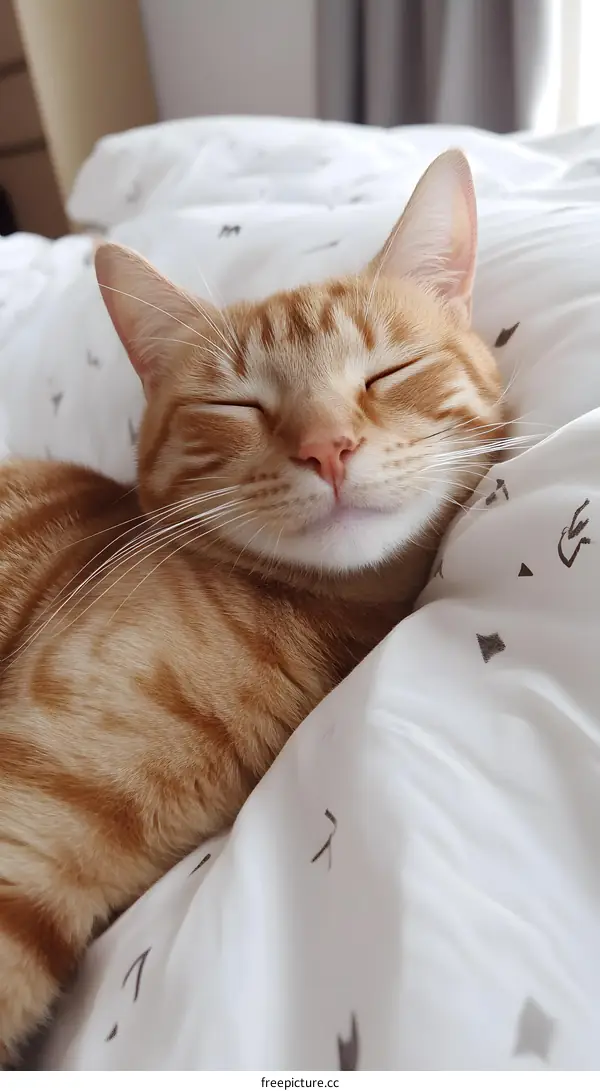 Cute Orange Cat Sleeping on a White Bed