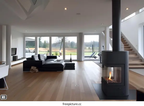 Modern Living Room with Fireplace and Large Windows