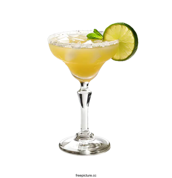 [Transparent Background PNG]A refreshing Margarita cocktail with a salt rim and lime wedge