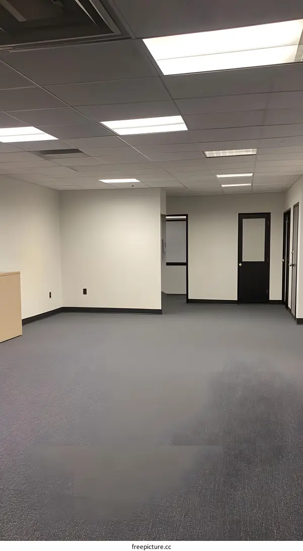Empty Office Room with Grey Carpet, White Walls and Ceiling Lights