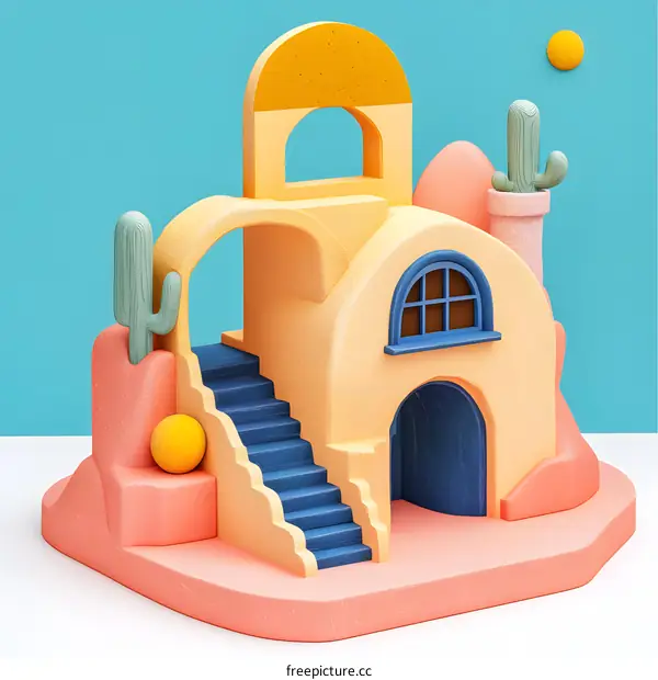 Colorful Abstract House Illustration with Cactus