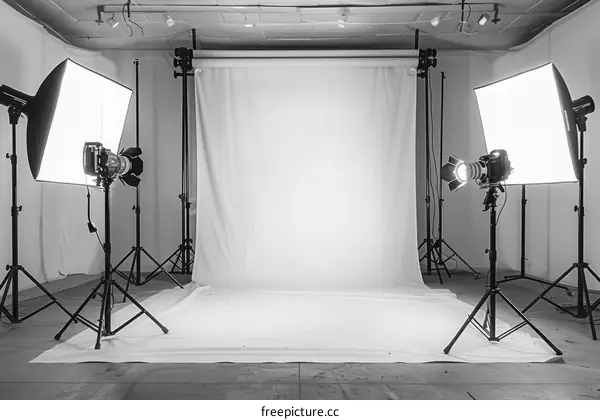 Minimalist Black and White Photography Studio with Cameras and Lighting