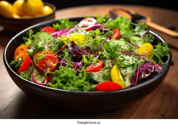 Colorful salad with lettuce, cucumber, tomatoes and chia seeds