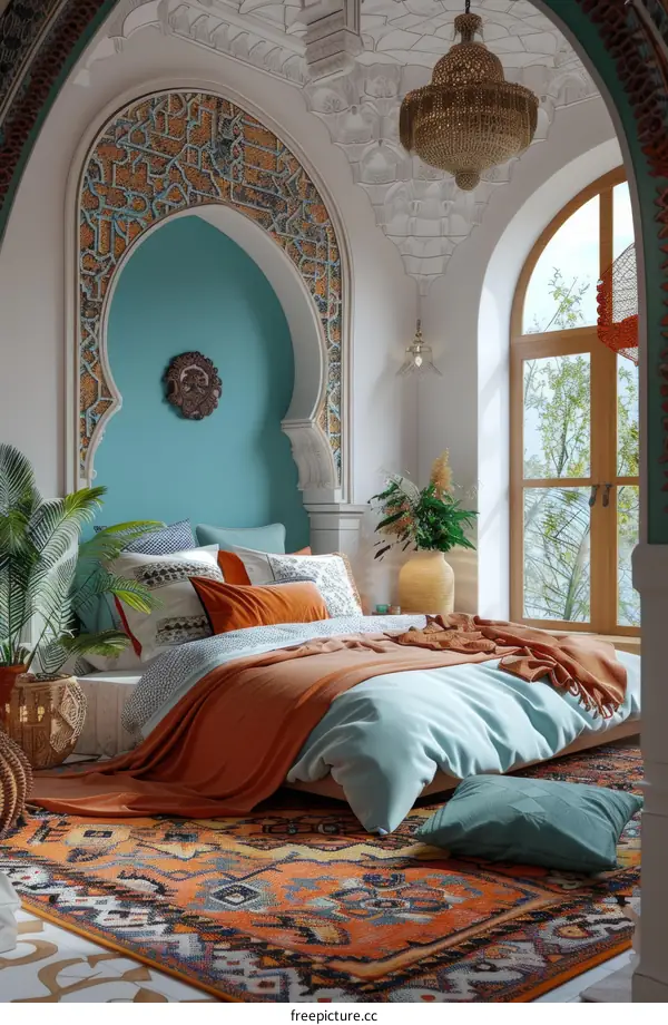 Bohemian Bedroom Interior Design with Teal and Orange Accents