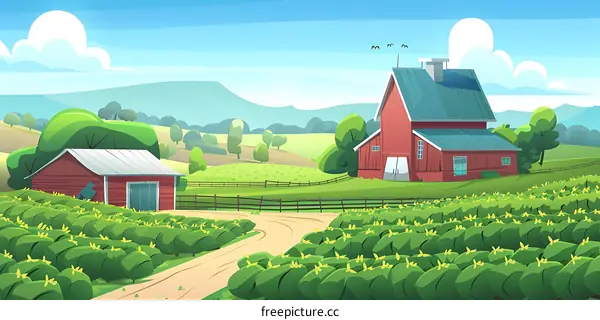 Farmhouse Illustration with Red Barn and Green Fields