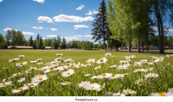 Field of daisies with trees and blue sky in the background