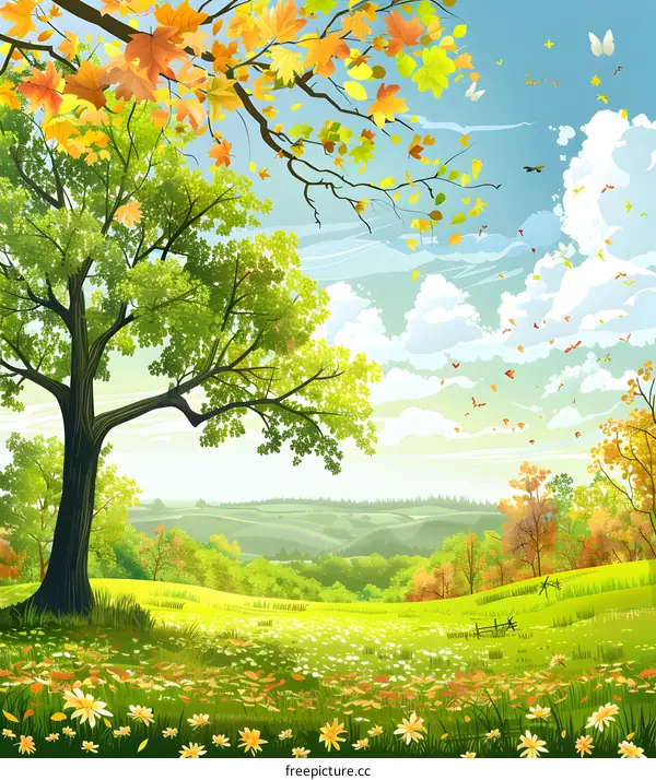 Autumn Landscape with Green Trees, Yellow Leaves and Flowers