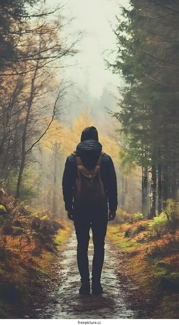 Man Walking Through A Foggy Forest Path