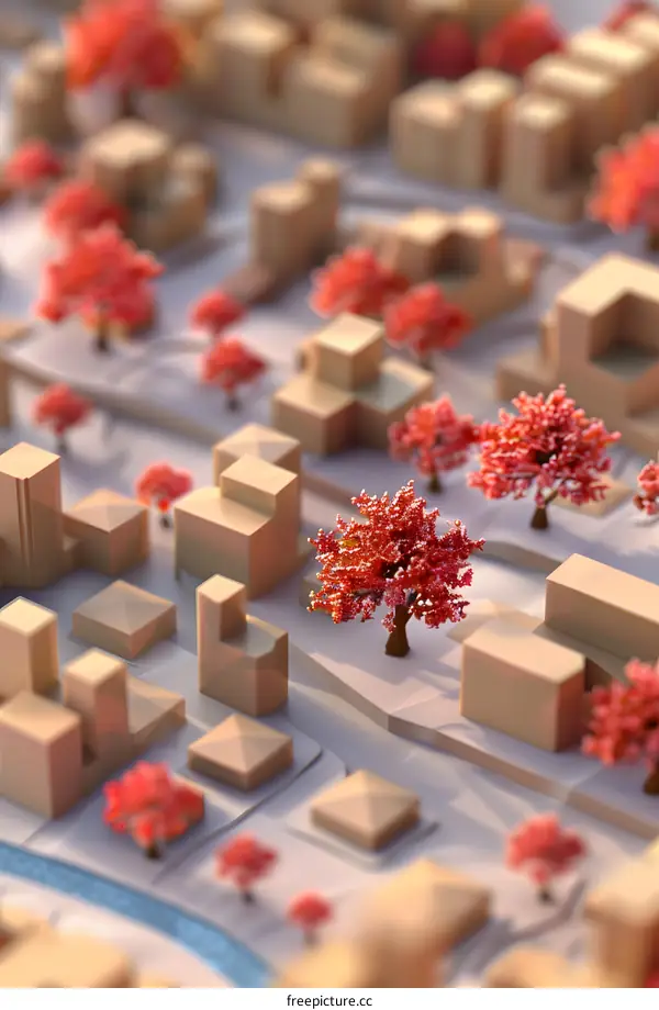 Low Poly Red Trees and Buildings in a City
