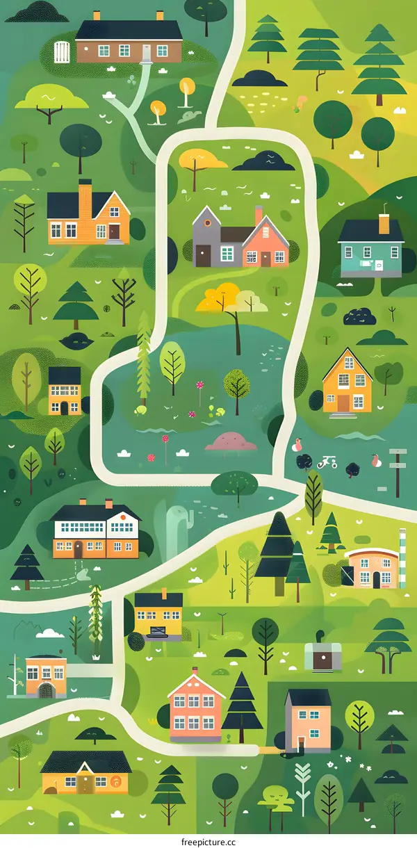 Illustrated Map of a Small Town with Houses and Trees