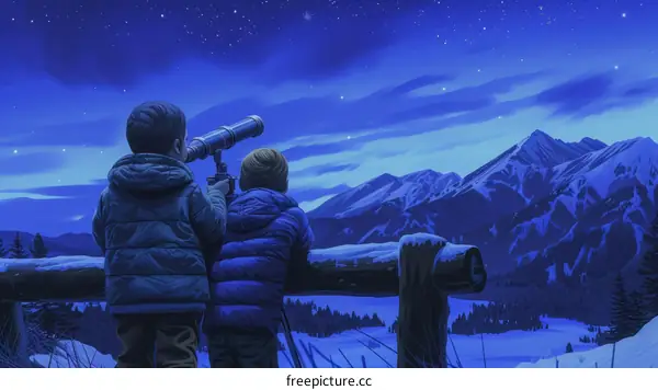 Two boys looking at the stars through a telescope