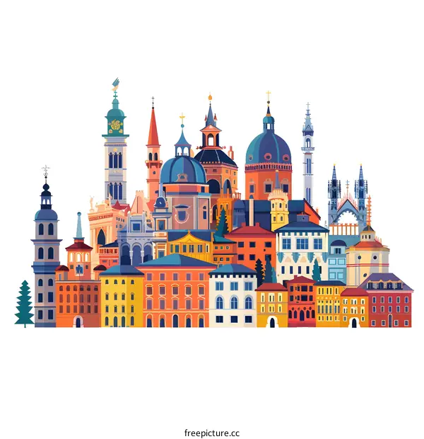 Colorful Illustration of European City Skyline with Buildings