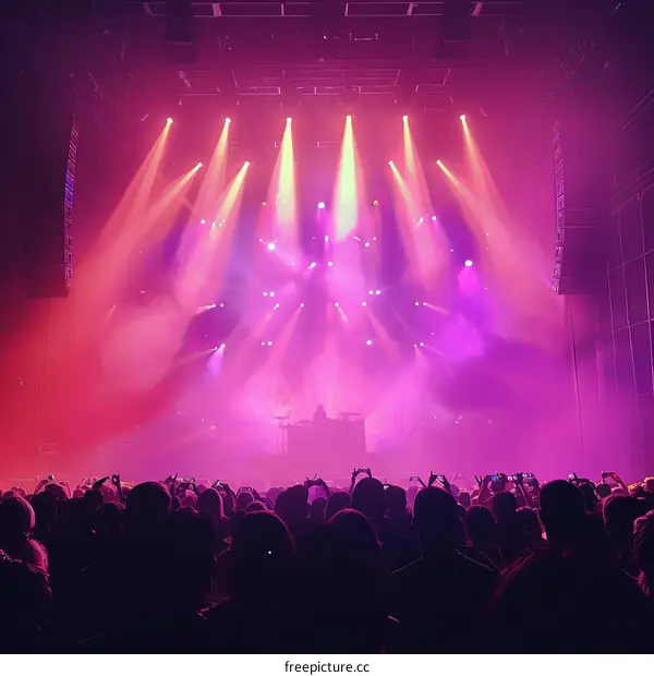 The crowd at a concert is lit up by the stage lights.