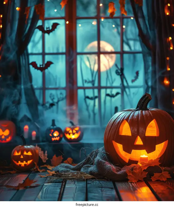 Halloween pumpkin jack o'lantern with bats and a haunted house in the background