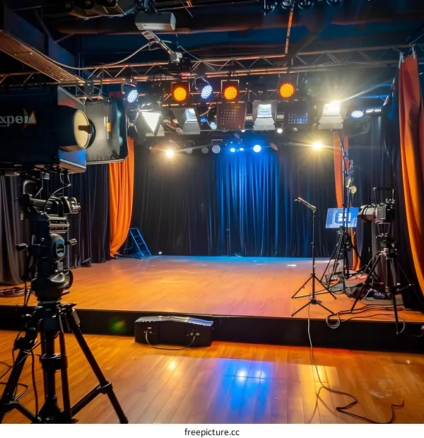 Empty Stage with Lighting and Camera Equipment