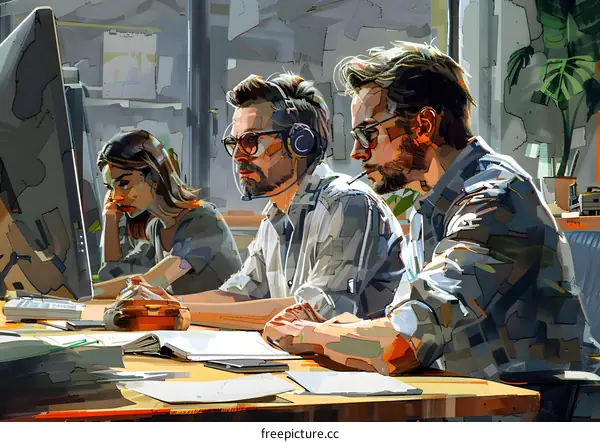 Three business people in casual clothes working together in an office