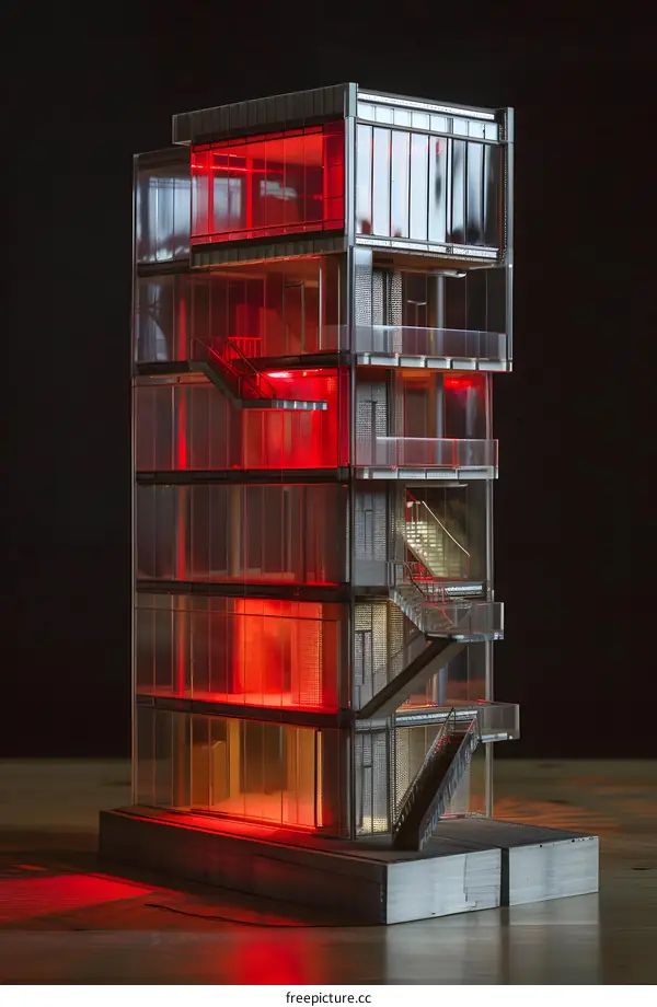 Modern Glass Building Architectural Model with Red Lights