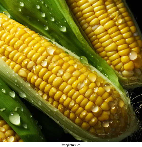 Close-up of fresh corn on the cob with water drops