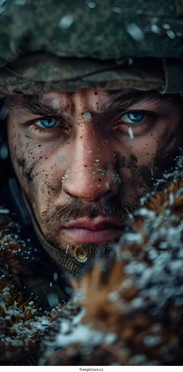 Portrait of a soldier with blue eyes and mud on his face, with a blurred background