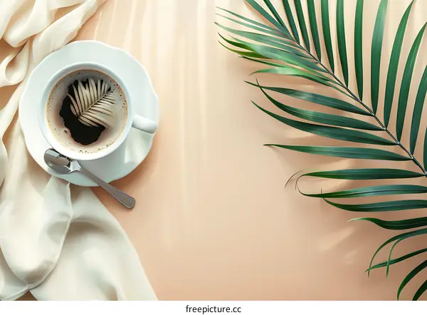 Minimalist Flat Lay with Coffee and Palm Leaves