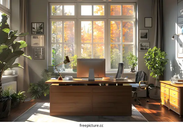 An inspiring home office with a large desk, iMac computer, and lots of plants