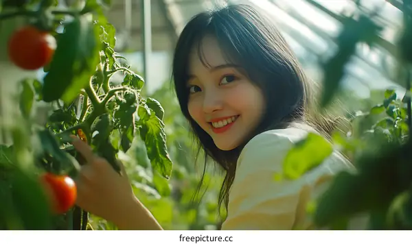 Young Asian Woman in a Greenhouse with Tomatoes