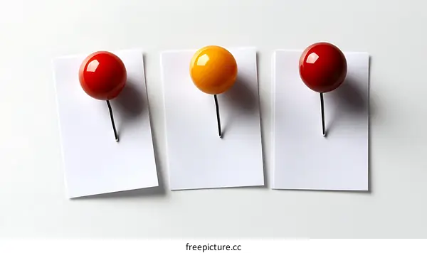 Colorful decorative push pins on white paper notes