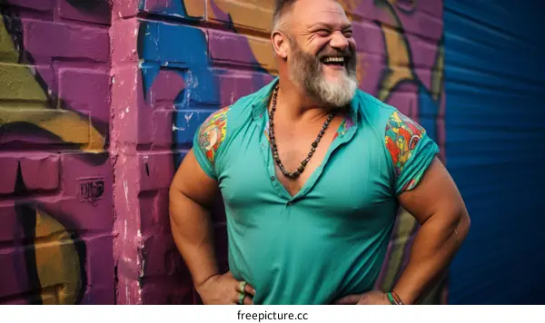 A Bearded Man in Green Shirt Leaning Against Wall and Laughing
