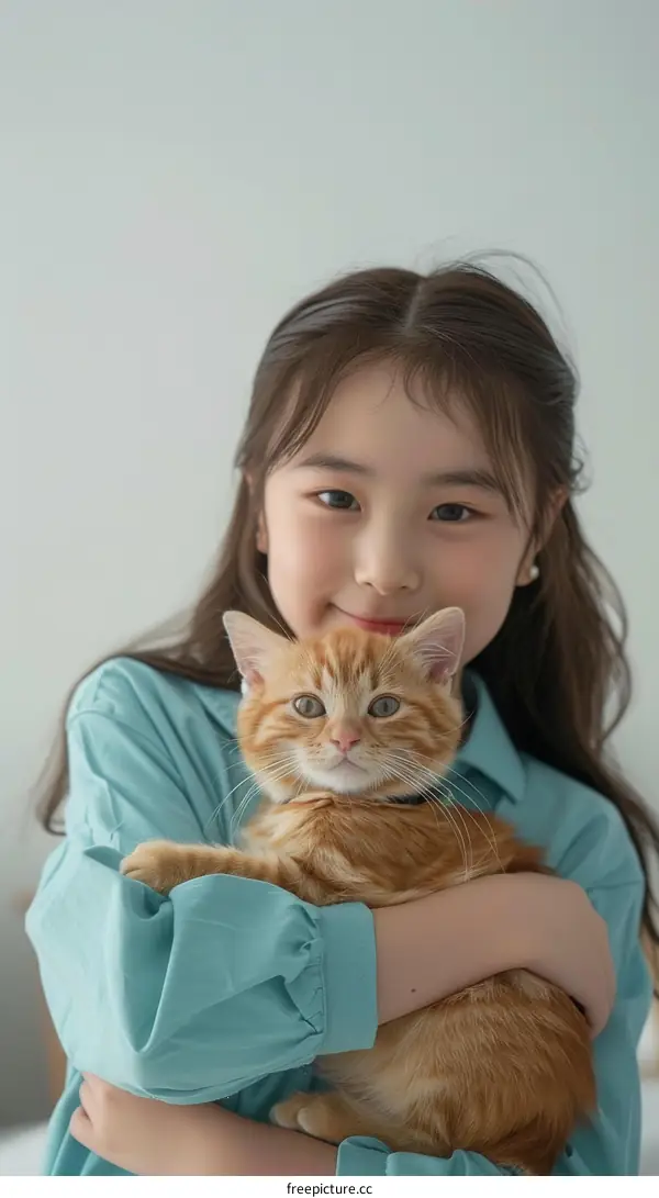 An Asian girl is hugging an orange cat