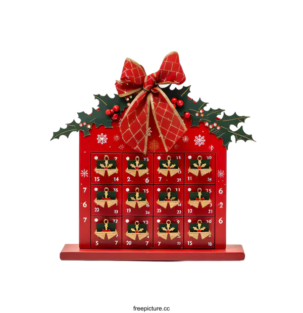 [Transparent Background PNG]Red Wooden Christmas Advent Calendar with Bow