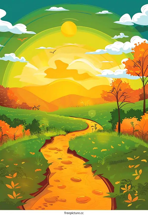 Autumn Landscape with River and Sun