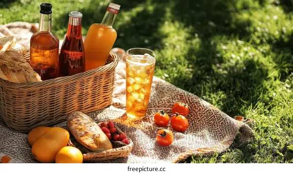 Picnic Basket Filled with Refreshing Drinks and Food